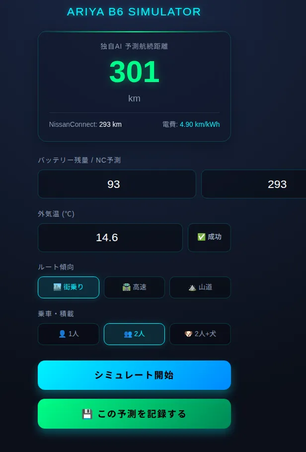 ARIYAシミュレーターのUI画面