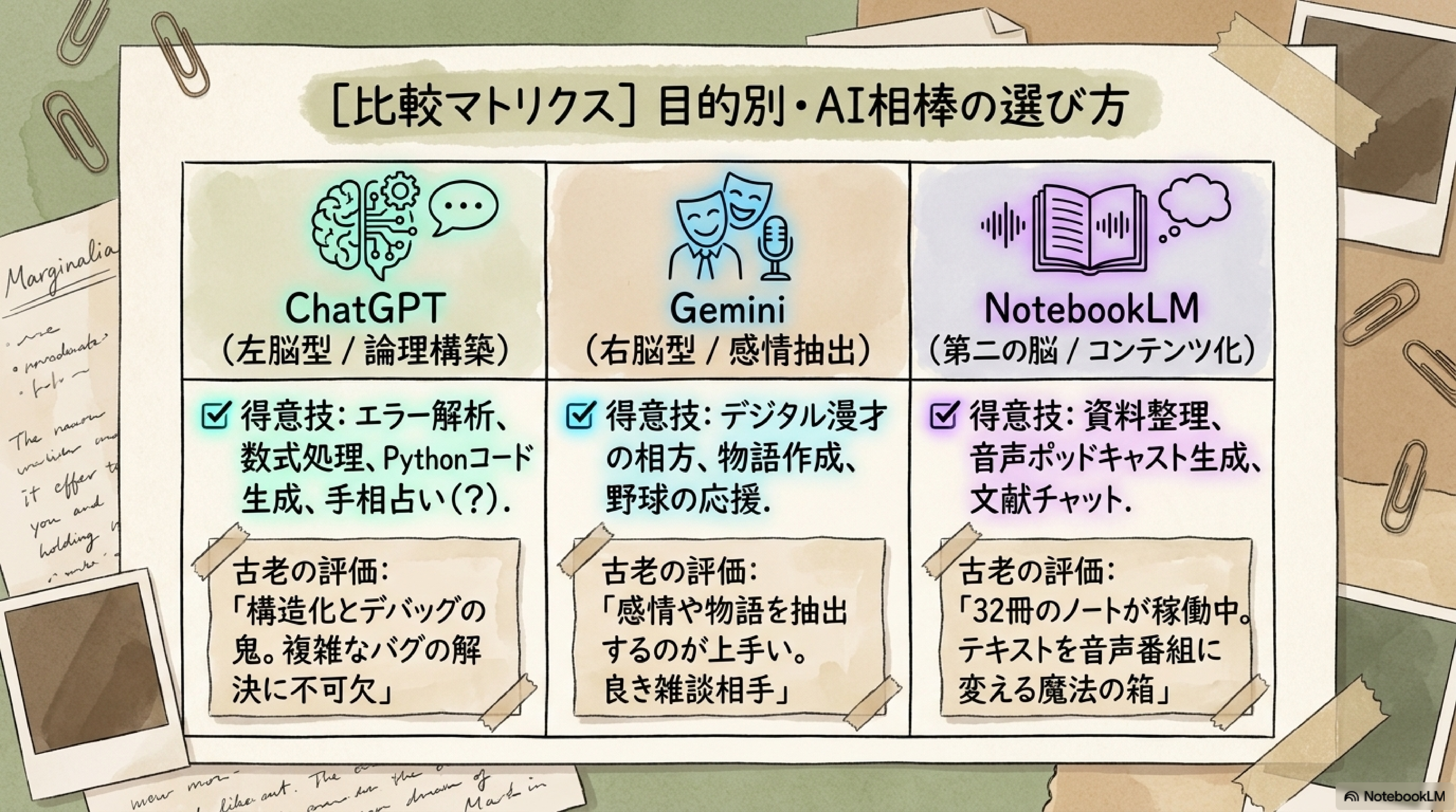 第14コマ：比較マトリクス 目的別・AI相棒の選び方